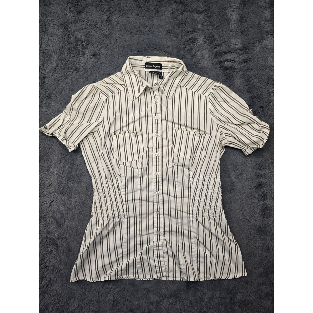 Cotton Express Brown White Striped Smocked Waist Short Sleeve Button Shirt M